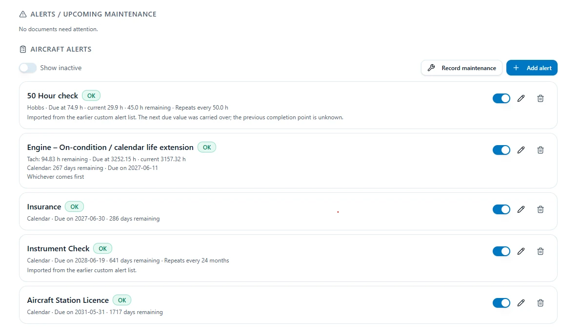 ReadyFlyLog aircraft alerts showing counter-based and calendar-based upcoming maintenance