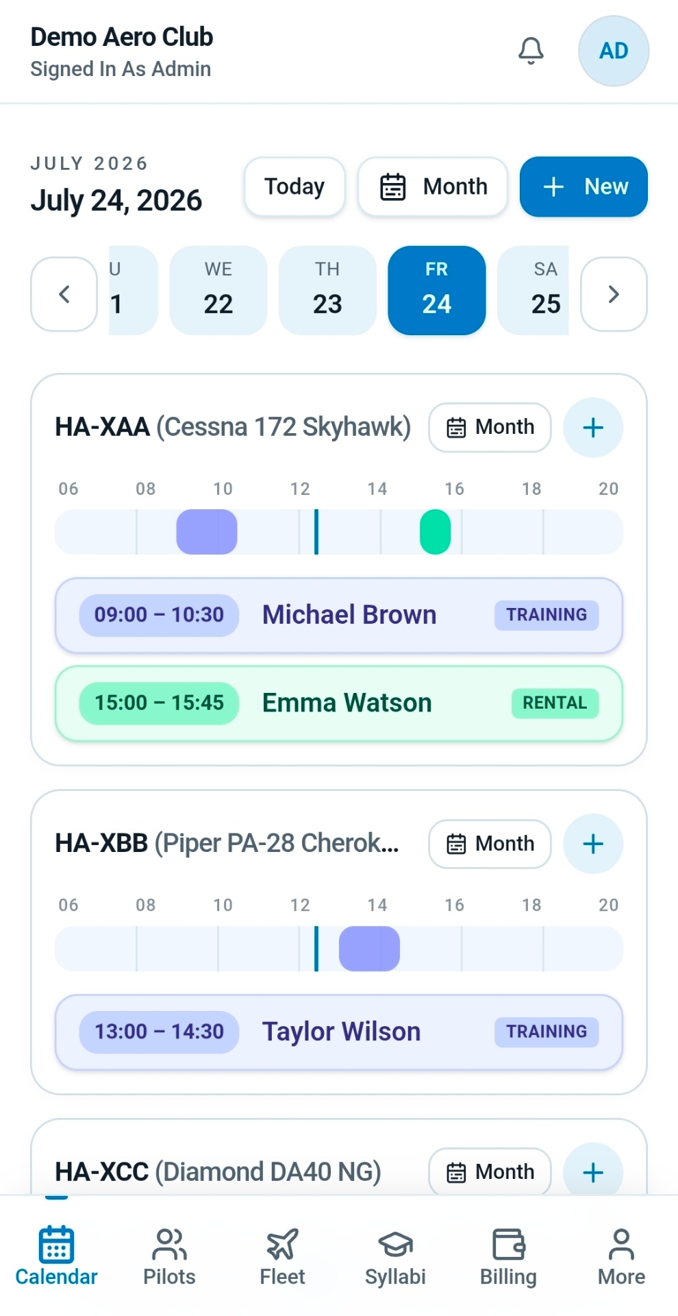 ReadyFlyLog mobile calendar with aircraft bookings, day strip and bottom navigation