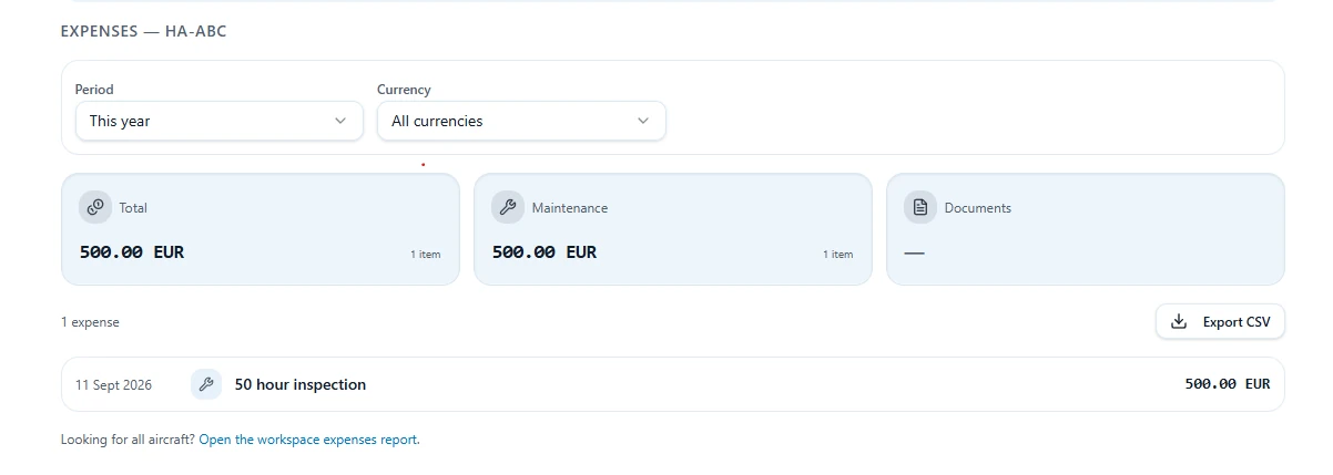 ReadyFlyLog aircraft expenses showing maintenance costs and currency-aware records
