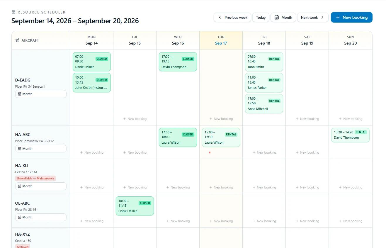 ReadyFlyLog Resource Scheduler showing aircraft availability and bookings across a weekly calendar